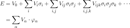 E & = V_0 + \sum\limits_{i} {V_i \sigma_i} + \sum\limits_{i,j} {V_{ij} \sigma_i \sigma_j} + \sum\limits_{i,j,k} {V_{ijk} \sigma_i \sigma_j \sigma_k} + \cdots \\
  &  = \sum\limits_{\alpha} V_\alpha \cdot \varphi_\alpha